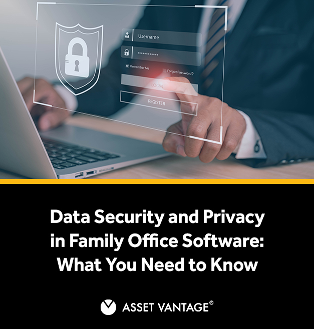 Business professional using laptop with digital security login screen, emphasizing data security and privacy in Family Office Software by Asset Vantage for protecting sensitive financial information.
