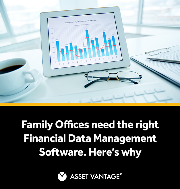 Tablet displaying financial analytics with charts beside coffee and glasses, highlighting why Family Offices need the right Financial Data Management Software by Asset Vantage for efficiency.