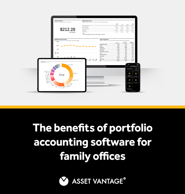 Computer, tablet, and smartphone screens displaying financial dashboards and charts, showcasing the benefits of portfolio accounting software that helps family offices manage assets efficiently.