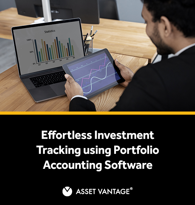 Person using a tablet to track investment statistics, with a laptop displaying bar charts and graphs, promoting 'Effortless Investment Tracking using Portfolio Accounting Software' by Asset Vantage.