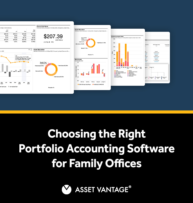 Graphical analysis of portfolio performance and asset allocation charts displayed on a screen, promoting 'Choosing the Right Portfolio Accounting Software for Family Offices' with Asset Vantage