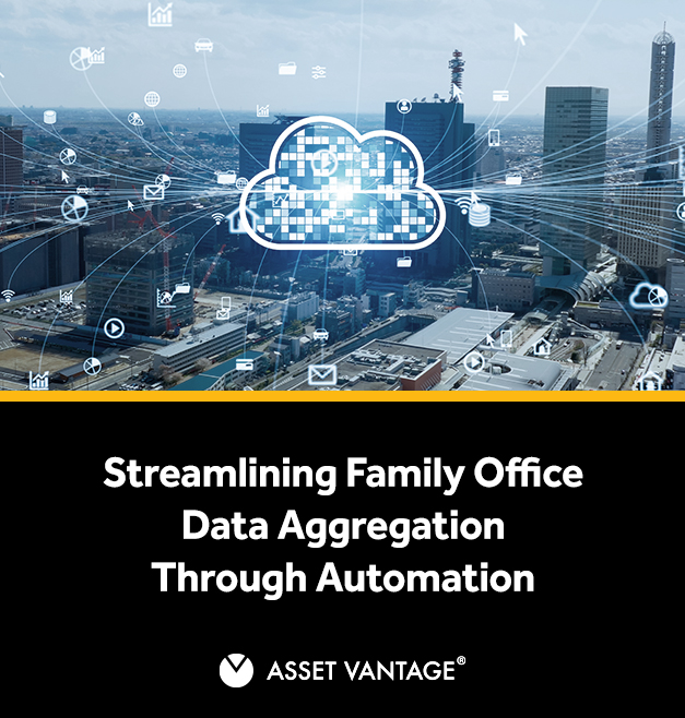 Cloud computing visual with data icons connected to a city skyline, representing streamlining family office data aggregation through automation and modern digital transformation.