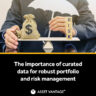 Visual of financial balance with money bag and RISK blocks on a seesaw, protected by an umbrella, illustrating curated data’s role in achieving robust portfolio oversight and risk management.