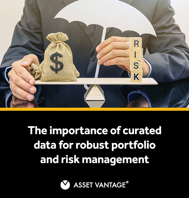 Visual of financial balance with money bag and RISK blocks on a seesaw, protected by an umbrella, illustrating curated data’s role in achieving robust portfolio oversight and risk management.
