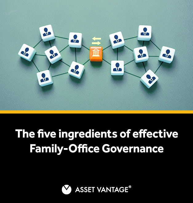 Concept image showing connected network icons with a central institution symbol, representing the five ingredients of effective family office governance and collaboration across teams.