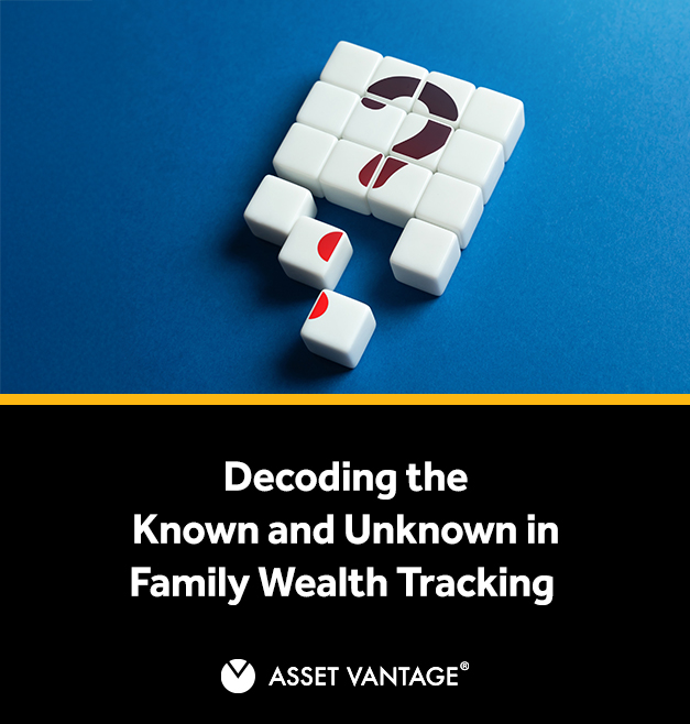 Puzzle pieces forming a question mark, symbolizing the challenge of decoding the known and unknown aspects of family wealth tracking. Asset Vantage helps simplify financial management.
