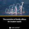 Graph illustrating the growth of family offices from 2022 to 2024, with digital symbols and coins, highlighting the evolution of family offices to meet modern financial needs. Asset Vantage.