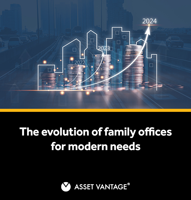 Graph illustrating the growth of family offices from 2022 to 2024, with digital symbols and coins, highlighting the evolution of family offices to meet modern financial needs. Asset Vantage.