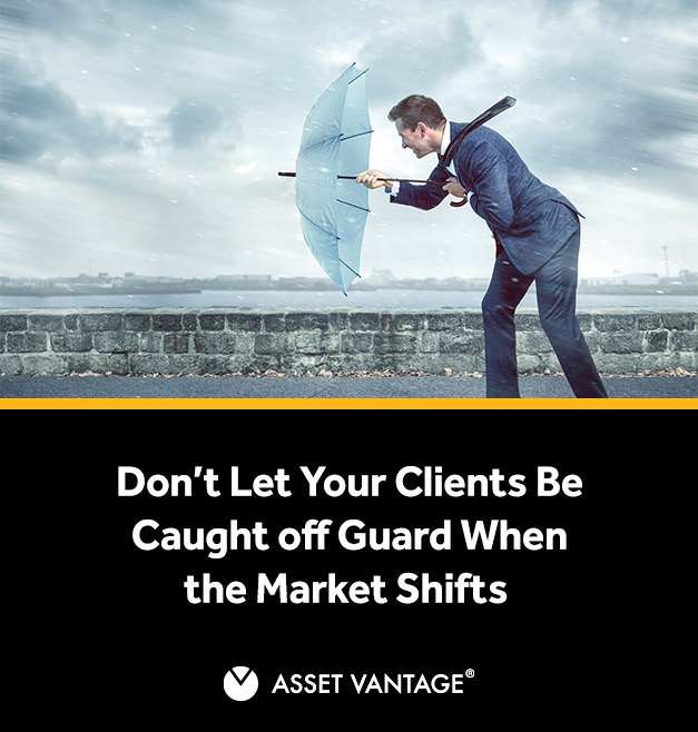 Businessman struggling to hold an umbrella against strong wind, symbolizing market volatility, with text reading ‘Don’t let your clients be caught off guard when the market shifts’ by Asset Vantage.