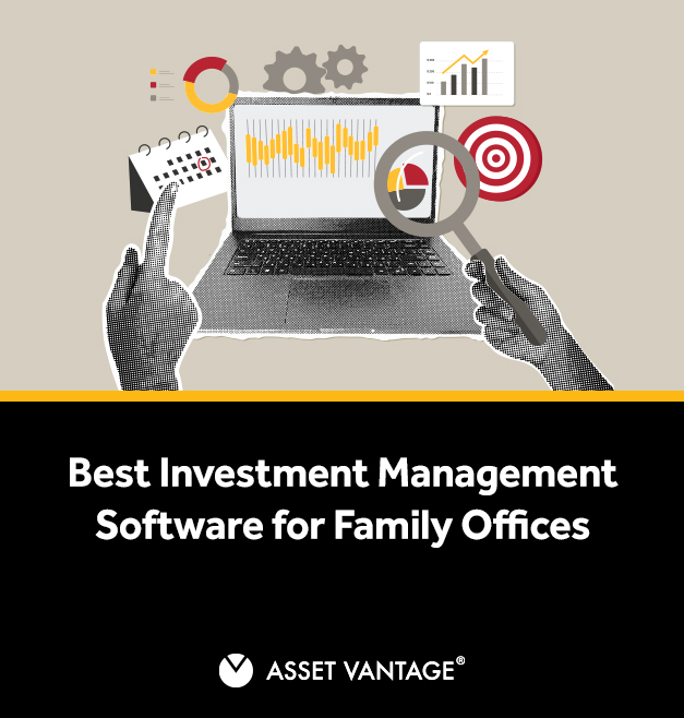 llustration of a laptop displaying investment data, with magnifying glass, charts, and graphs surrounding it, representing the best investment management software for family offices.