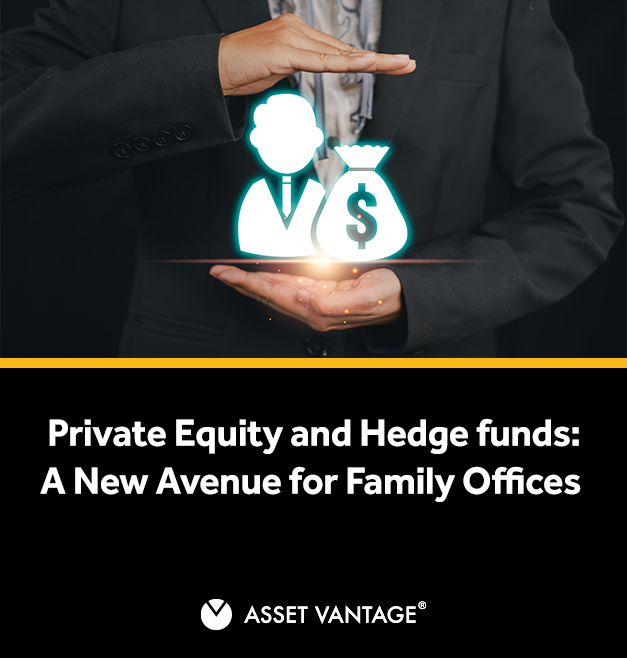Business professional holds glowing icons of investor and money bag, symbolizing wealth growth. Text reads ‘Private Equity & Hedge Funds: Why is Tracking Data a Nightmare for Investors?’ by Asset Vantage.