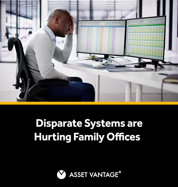 A man overwhelmed by complex data on computer screens shows struggles of fragmented tools. Text reads Disparate Systems are Hurting Family Offices from Asset Vantage, highlighting system inefficiency