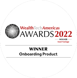 Badge for WealthTech Americas Awards 2022 showing Asset Vantage as the winner for Best Onboarding Product, recognizing fintech innovation in client onboarding and digital wealth solutions.