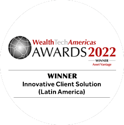 Prestigious WealthTech Americas Awards 2022 logo naming Asset Vantage winner in Innovative Client Solution for Latin America, honoring advanced wealthtech innovation and superior client experience.