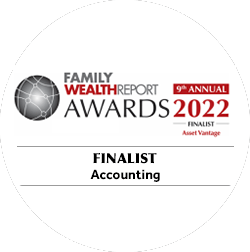 Family Wealth Report Awards 2022 finalist badge awarded to Asset Vantage in Accounting, recognizing innovation in automated wealth accounting, data accuracy, and financial management solutions.
