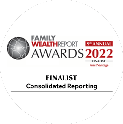 Recognition emblem from Family Wealth Report Awards 2022 highlighting Asset Vantage as finalist in Consolidated Reporting, celebrating innovation in unified reporting for family offices and firms.