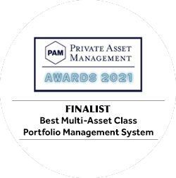 Official PAM Awards 2021 finalist emblem honoring excellence in multi-asset class portfolio management systems, reflecting Asset Vantage’s leadership in advanced family office investment technology.
