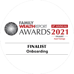 Family Wealth Report Awards 2021 badge showing Asset Vantage as a finalist in the Onboarding category, recognizing innovation and excellence in digital transformation for wealth management firms.