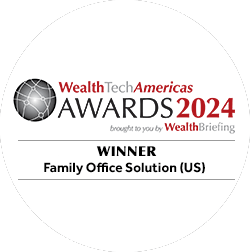 Round badge of WealthTech Americas Awards 2024 by WealthBriefing, showing Winner Family Office Solution (US), recognizing excellence in innovative family office technology and wealth solutions.