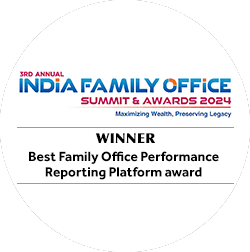 Winner badge from the 3rd Annual India Family Office Summit & Awards 2024 recognizing Best Family Office Performance Reporting Platform with focus on maximizing wealth and preserving legacy.