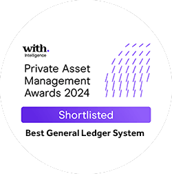 Shortlisted badge for the Private Asset Management Awards 2024, featuring the Best General Ledger System category by with Intelligence, with a purple and white design and rain-like patterns.