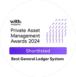 Shortlisted badge for the Private Asset Management Awards 2024, featuring the Best General Ledger System category by with Intelligence, with a purple and white design and rain-like patterns.
