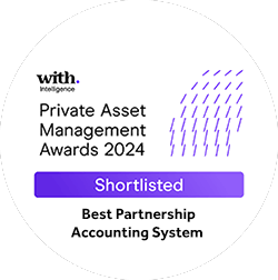 Shortlisted badge for the Private Asset Management Awards 2024, highlighting the Best Partnership Accounting System category by with Intelligence, featuring a purple and white design with rain-like patterns.
