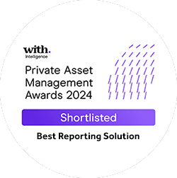 Shortlisted badge for the Private Asset Management Awards 2024, featuring the Best Reporting Solution category by with Intelligence, with a purple and white design and rain-like patterns.