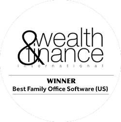 Badge from Wealth & Finance International naming winner of Best Family Office Software (US), highlighting recognition for innovation in wealth management, investment, and advisory services.
