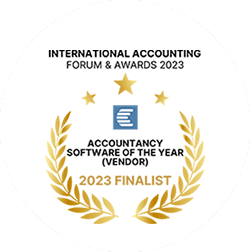Gold laurel badge with stars reading ‘International Accounting Forum & Awards 2023 – Finalist Accountancy Software of the Year (Vendor),’ recognizing leadership in fintech and accounting tools.