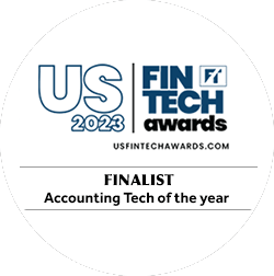 US FinTech Awards 2023 badge showing finalist recognition for Accounting Tech of the Year, celebrating excellence in financial technology and digital accounting software innovation.
