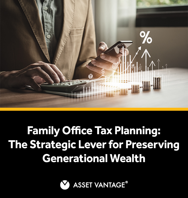 Man using calculator and smartphone at desk with financial icons and stacked coins, representing family office tax planning strategies for preserving generational wealth and reducing taxes