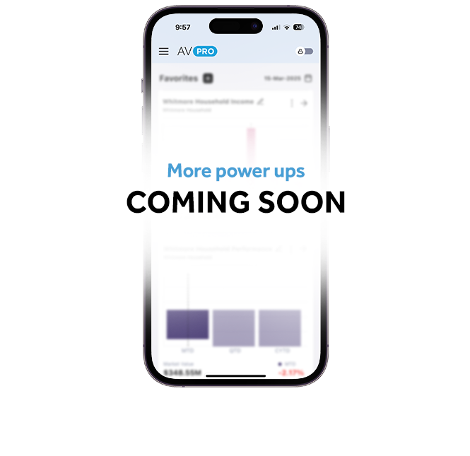 Mobile screen showing a dashboard with the message 'More power ups COMING SOON'. New power-ups coming your way to enhance the experience, providing highly configurable and personalized reporting views.