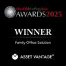 The WealthBriefingAsia Awards 2025 logo featuring WINNER in bold, recognizing Asset Vantage for Best Family Office Solution. This highlights their achievement in family office management