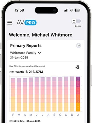 AV PRO mobile dashboard showing real-time net worth and portfolio insights