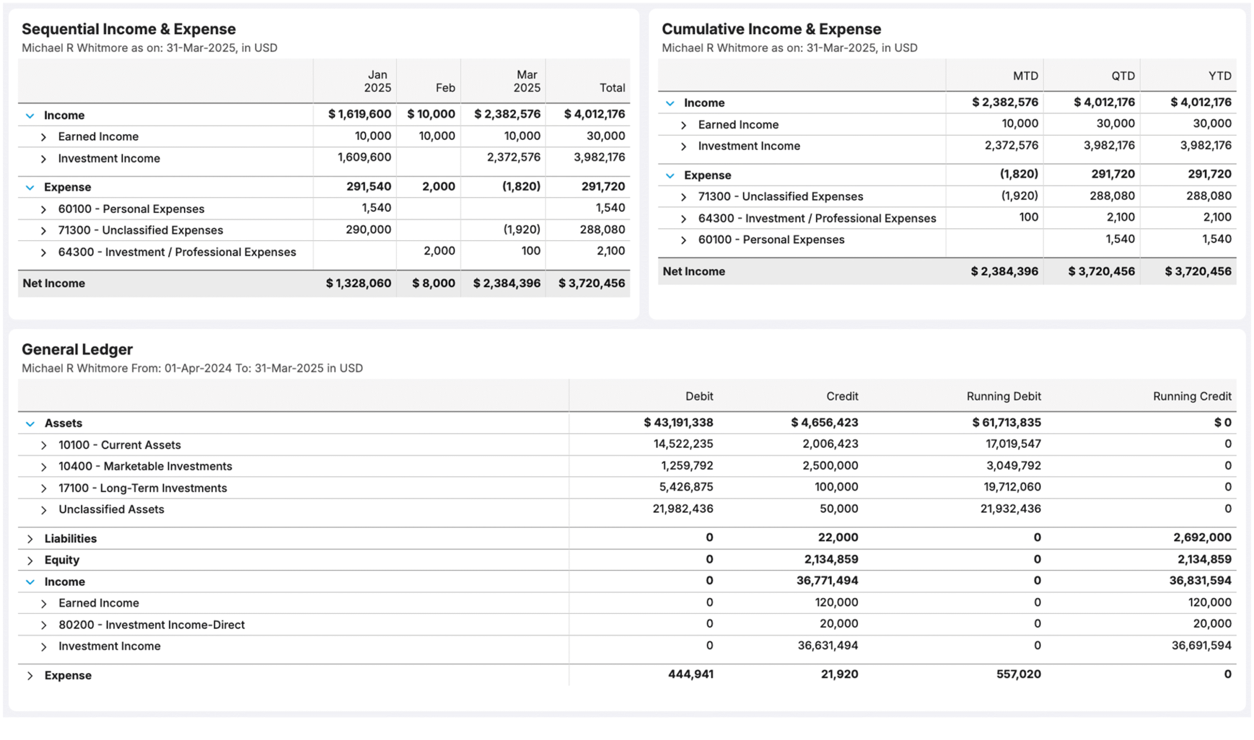 General ledger reporting for multi-asset class portfolios showing sequential income, expense, and cumulative reports. AV family office platform ensures seamless GL integration with investment books.