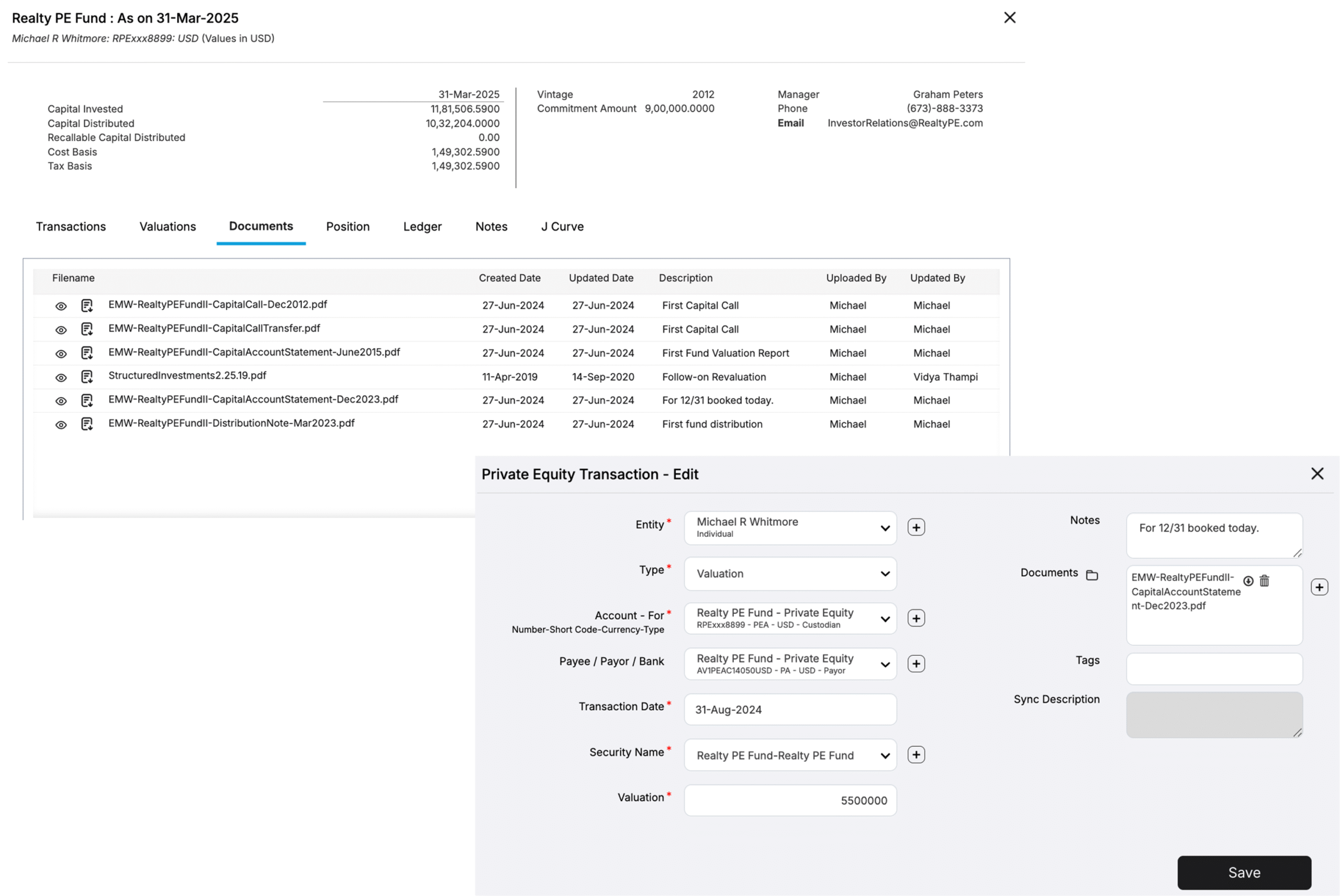 AV Document Vault interface displaying a private equity transaction with details like documents, entity names, transaction dates, and document editing options for efficient document management.
