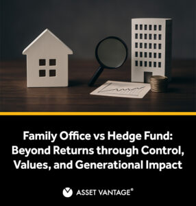 A model of a house and a high-rise building with a magnifying glass and coins, symbolizing the differences between family offices and hedge funds, emphasizing control, values, and long-term impact
