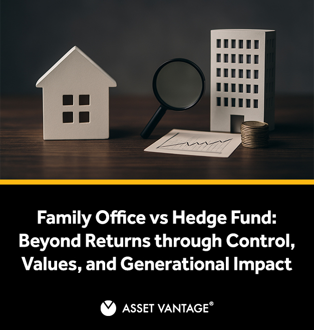 A model of a house and a high-rise building with a magnifying glass and coins, symbolizing the differences between family offices and hedge funds, emphasizing control, values, and long-term impact