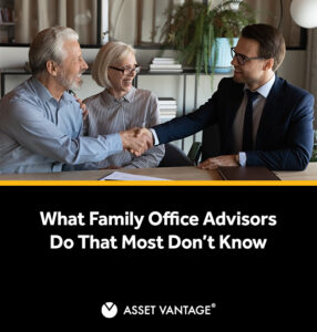 An elderly couple shaking hands with a family office advisor, showcasing a professional business interaction. The advisor in a suit is discussing financial planning with the couple in a modern office setting