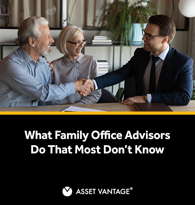 An elderly couple shaking hands with a family office advisor, showcasing a professional business interaction. The advisor in a suit is discussing financial planning with the couple in a modern office setting