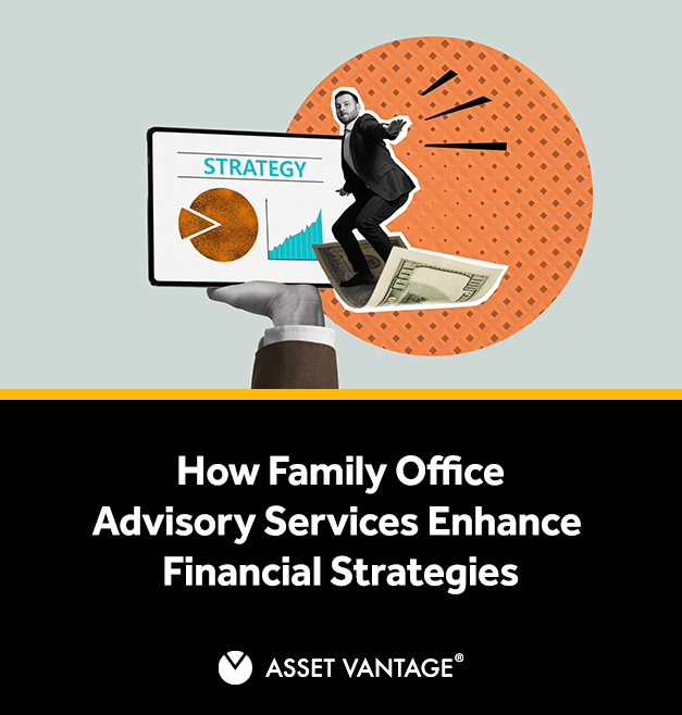 Creative illustration of family office advisory services showing a businessman riding a dollar bill with strategy charts, symbolizing how financial strategies enhance wealth, investments, and legacy.