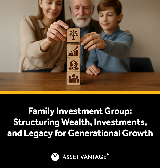 A family investment group symbolized by three generations stacking wooden blocks with wealth, growth, and finance icons, representing structured investments, governance, and legacy planning.