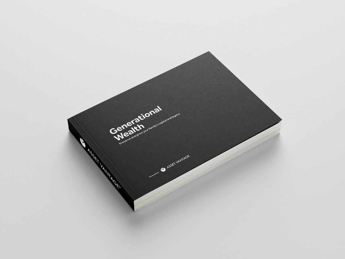 Hardcover book titled Generational Wealth by Asset Vantage, offering strategies to preserve and grow family capital and legacy while simplifying complex finance, investments, accounting, and taxes.