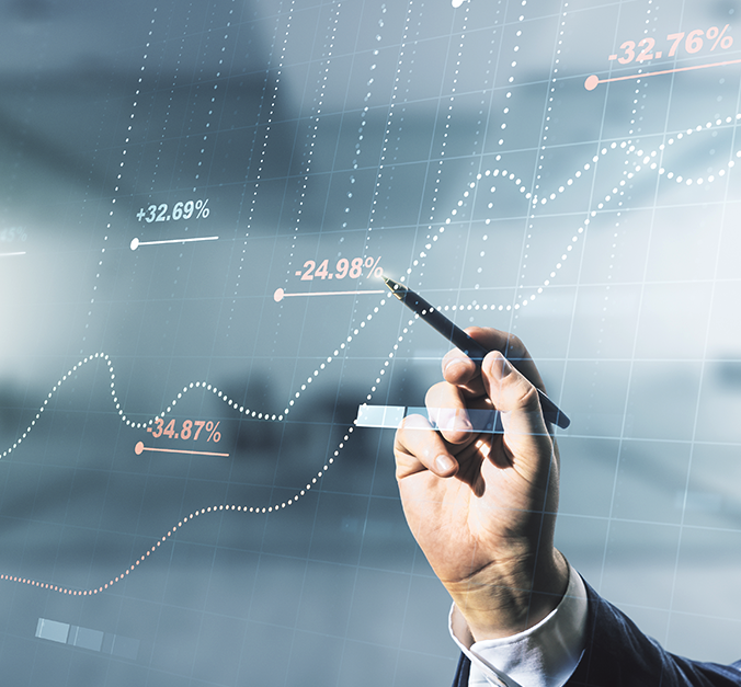 A professional points at a digital display of financial data showing fluctuating percentage changes on a graph, symbolizing accurate and automated private equity reporting, tracking, and performance analysis.