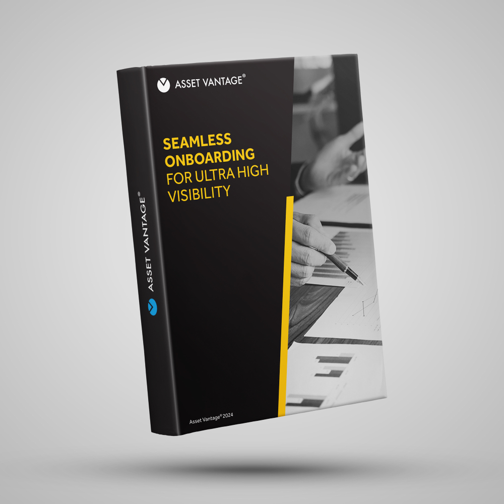 Cover of a book titled Seamless Onboarding for Ultra High Visibility, emphasizing a smooth transition to Asset Vantage with a 5-step process that enhances family office visibility and simplifies management.