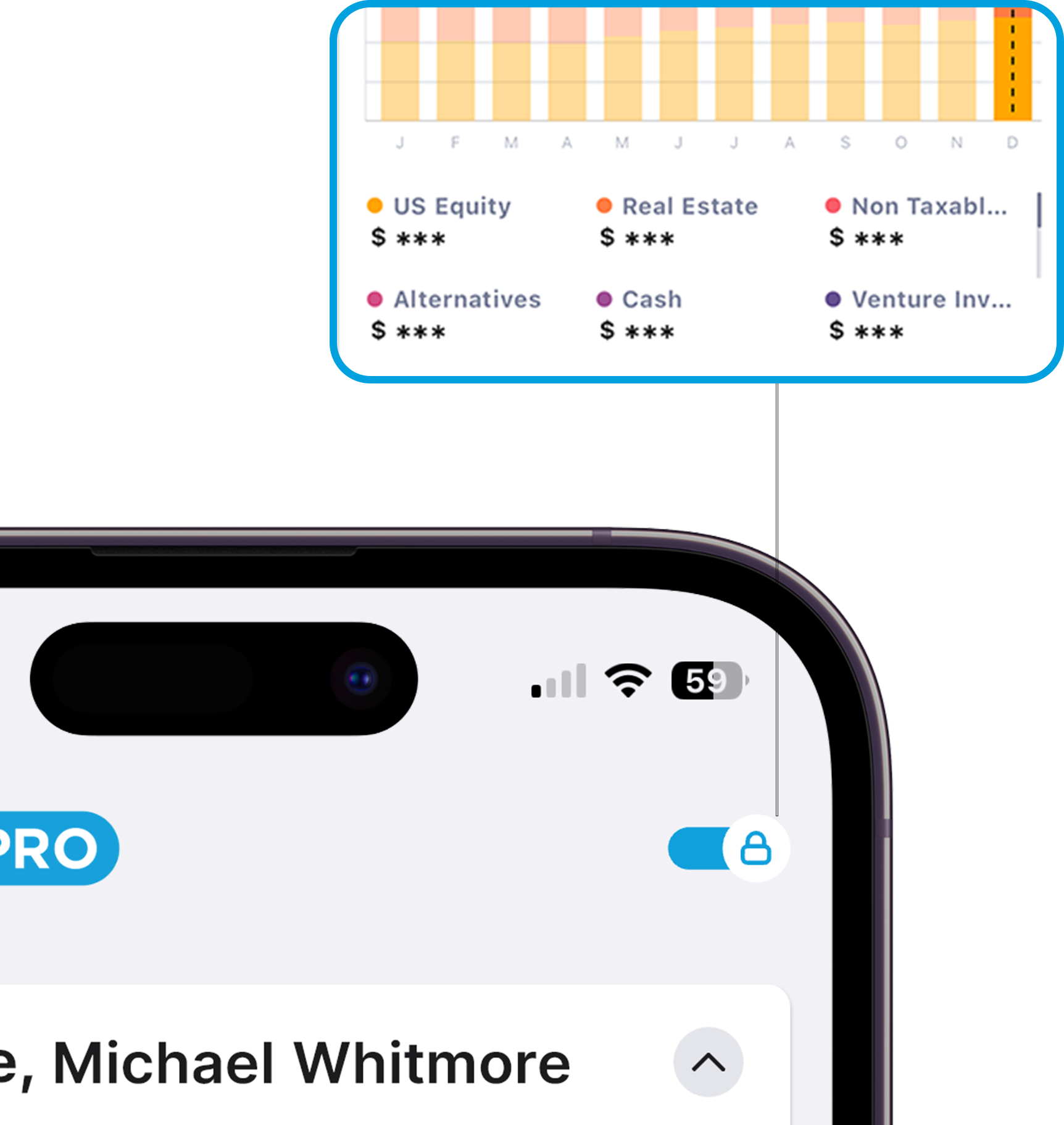 AV PRO mobile app displaying a secure, private financial overview with categories like US Equity, Real Estate, and Cash, ensuring private and secure data management for wealth tracking and privacy.