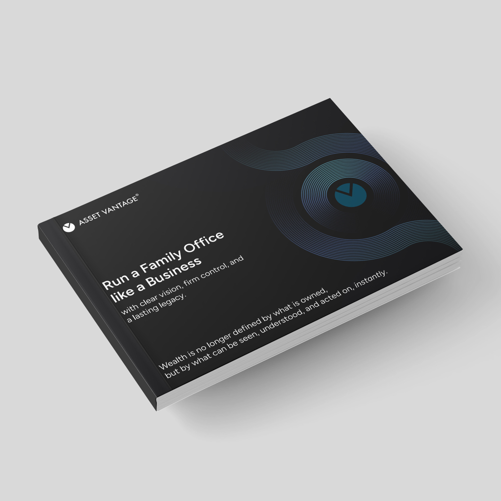 Brochure titled Run a Family Office like a Business by Asset Vantage. Highlights how over 400 families across 10+ countries use the platform to manage US$400B+ in assets and automate wealth reporting.