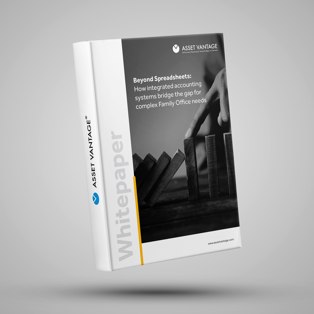 Whitepaper titled Beyond Spreadsheets by Asset Vantage, discussing how integrated accounting systems help Indian family offices and UHNW individuals manage complex wealth with secure software solutions